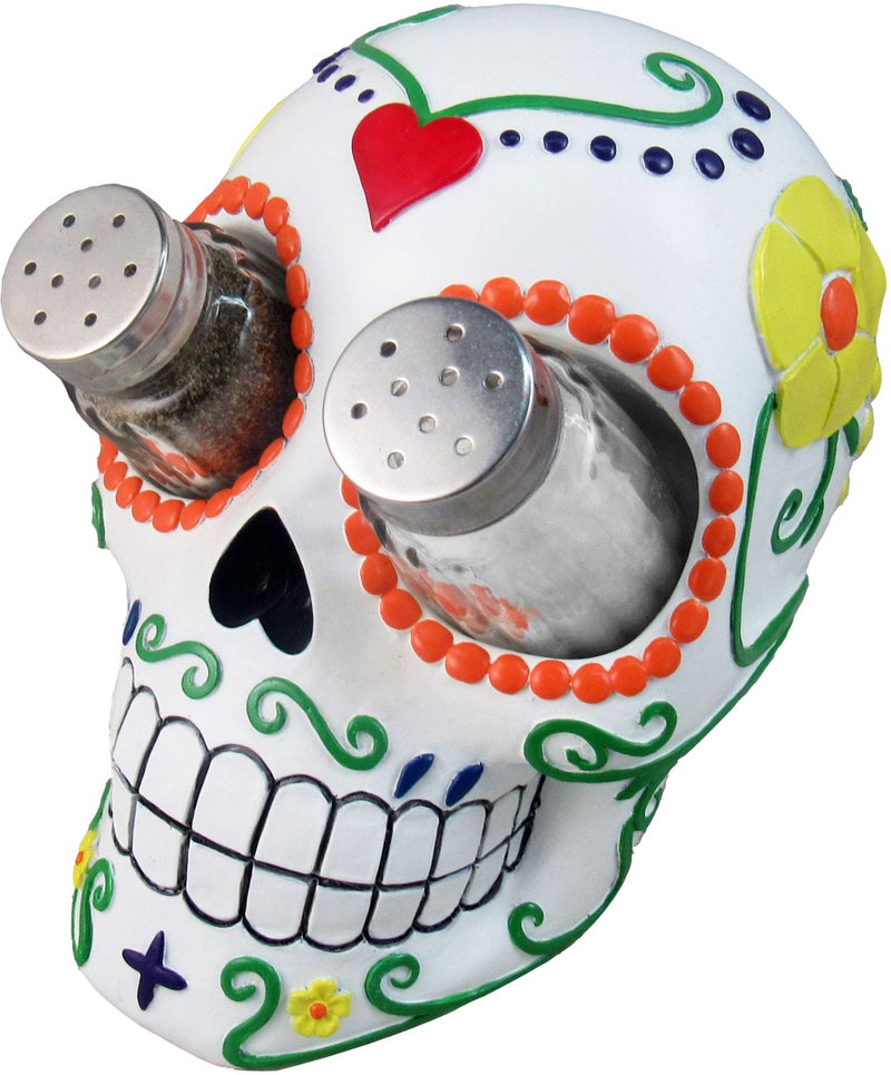دوك DWK 7 بوصة Sugar 'N' Spice مرسومة يدويًا يوم الموتى Dia de Los Muertos Sugar Skull Salt and Pepper Shaker مجموعة طعام المطبخ - Image 3